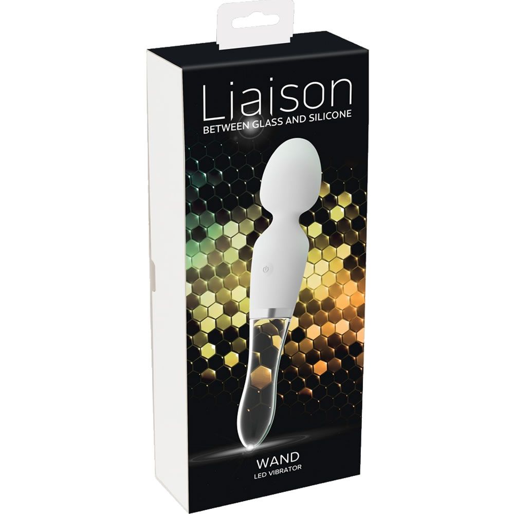 Verpackung mit weißem Wand LED Vibrator. Aufschrift: Liaison, zwischen Glas und Silikon. Schwarzer Hintergrund mit farbigen Hexagonen.