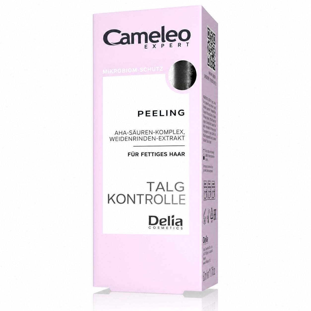 Eine weiße Flasche mit spitzem Applikator und der Aufschrift „Peeling Talg Kontrolle“.