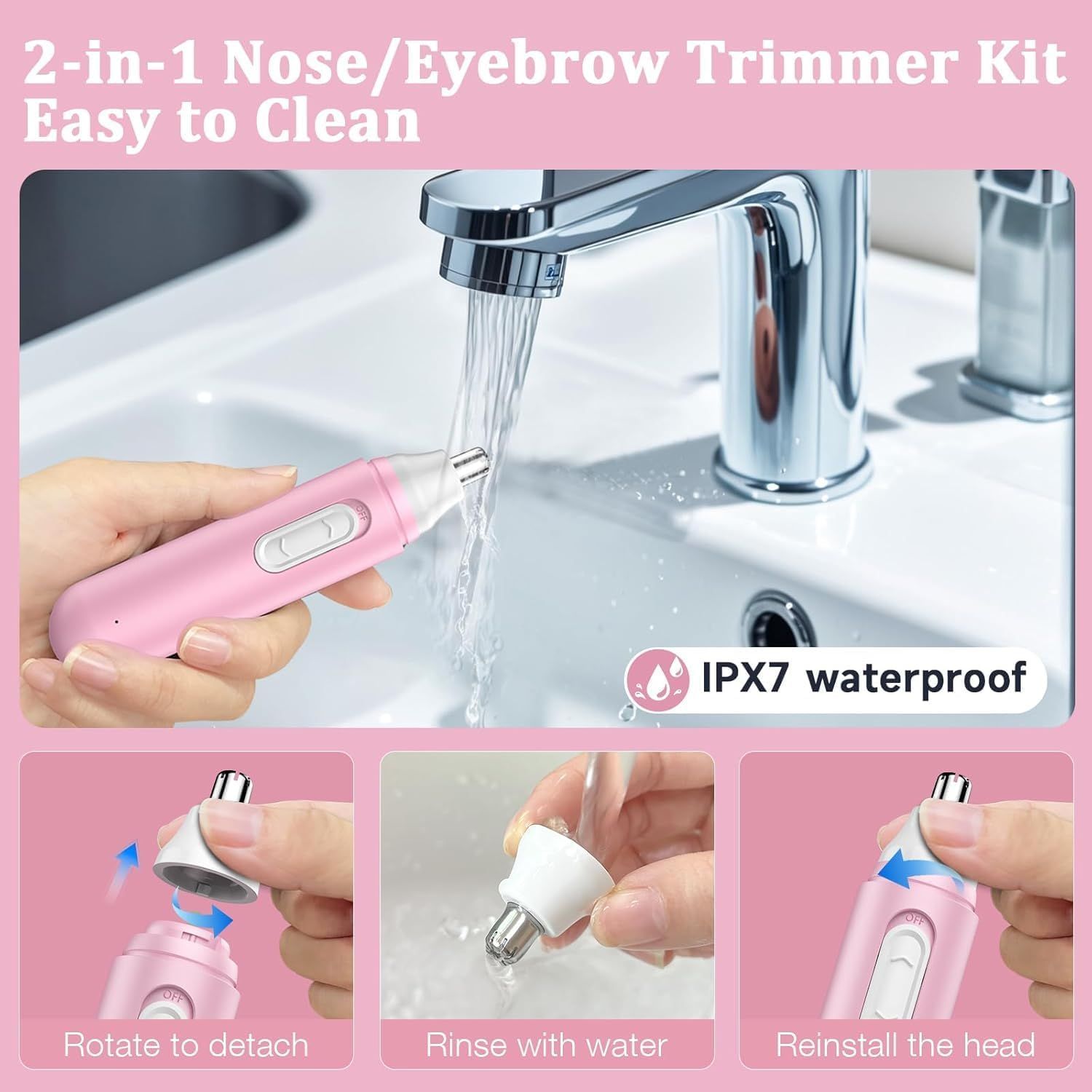 Rosa 2-in-1 Nasen-/Augenbrauentrimmer-Set. Wasserdicht IPX7. Abnehmbarer Trimmerkopf. Spülen mit Wasser. Einfache Reinigung.