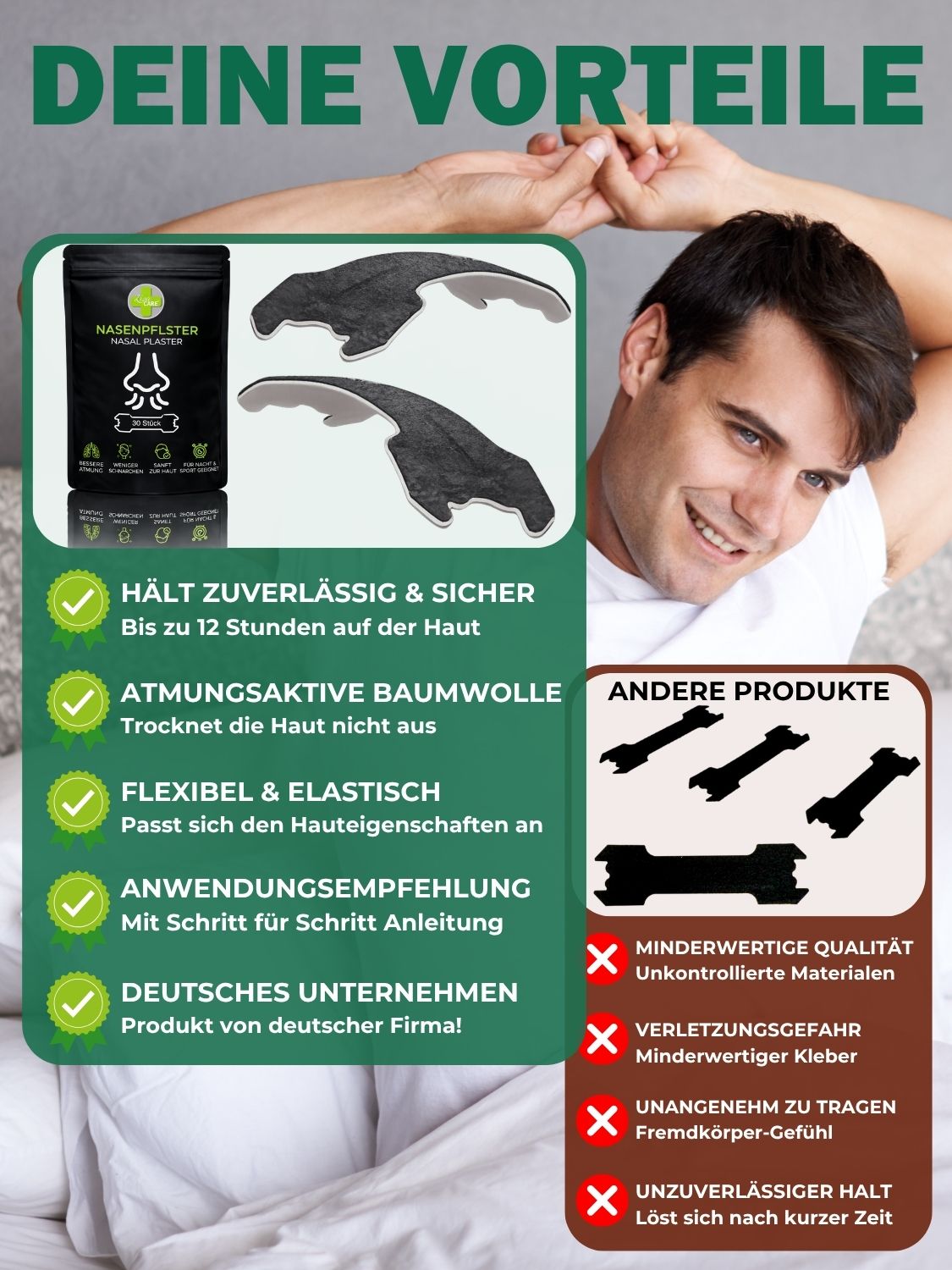 Vorteile von LisaCare Nasenpflastern: Sicher, atmungsaktiv, elastisch, deutsche Firma.