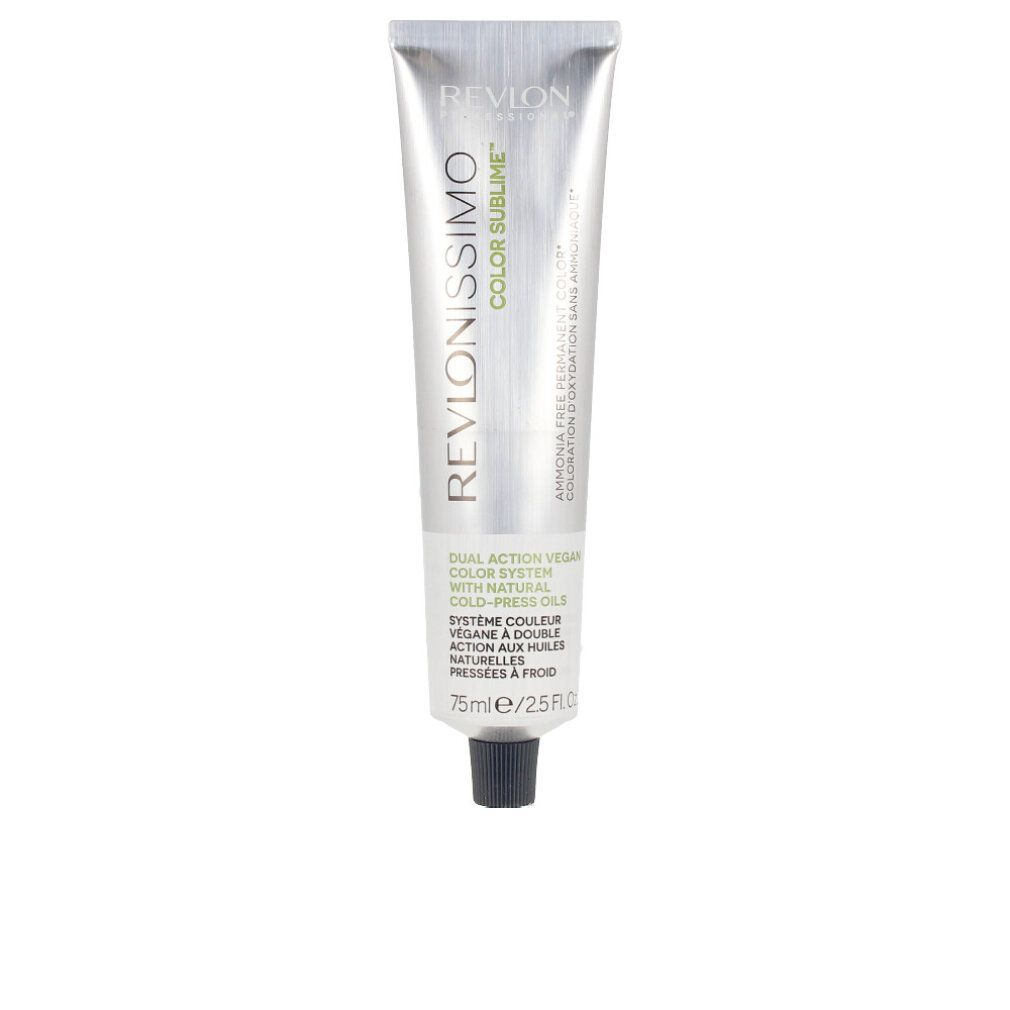 Silberfarbene Tube mit schwarzem Verschluss. Aufschrift: Revlonissimo Color Sublime. Text in Grün und Weiß. 75ml/2.5 fl.oz.