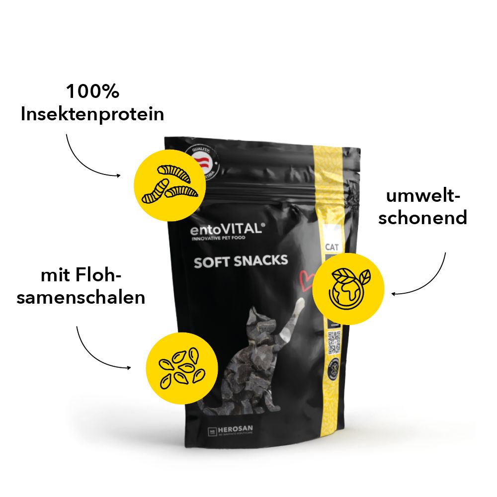 Schwarze Verpackung mit "entoVITAL SOFT SNACKS". Text: 100% Insektenprotein, mit Flohsamenschalen, umweltschonend.