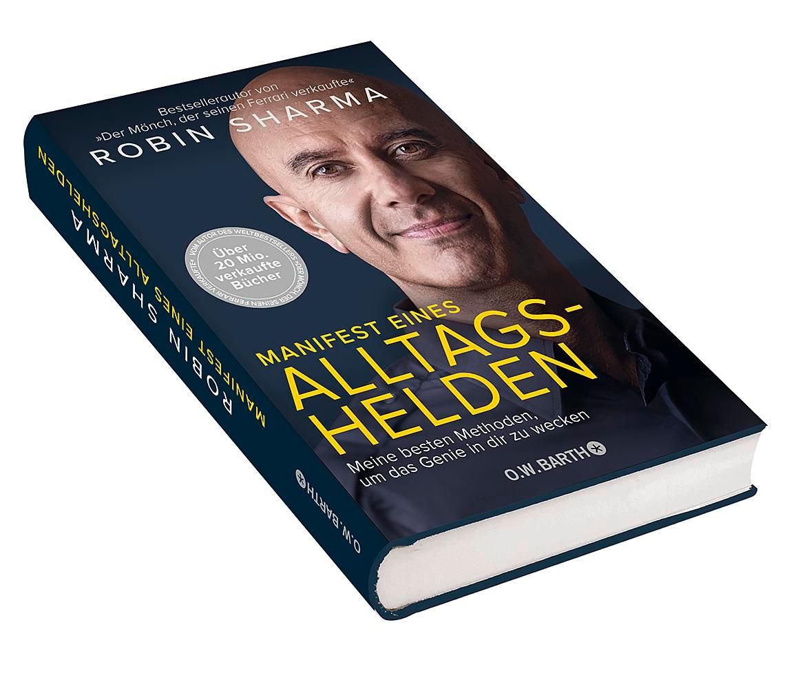 Buch "Manifest eines Alltagshelden" von Robin Sharma. Hardcover, blaue Farbgebung. Titel und Autorenname deutlich sichtbar.
