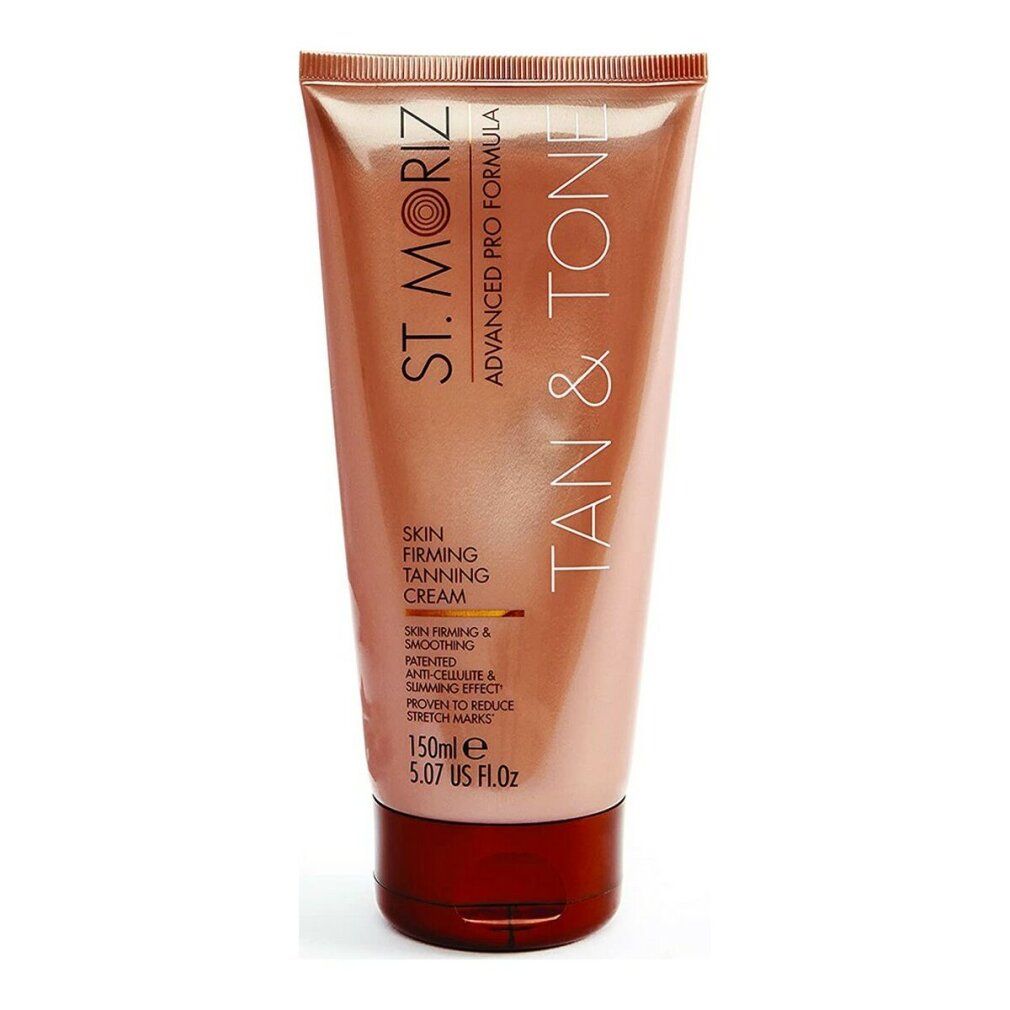 Hautstraffende Selbstbräunungscreme in Tube. Marke: St. Moriz. Text: Skin Firming Tanning Cream. 150ml.
