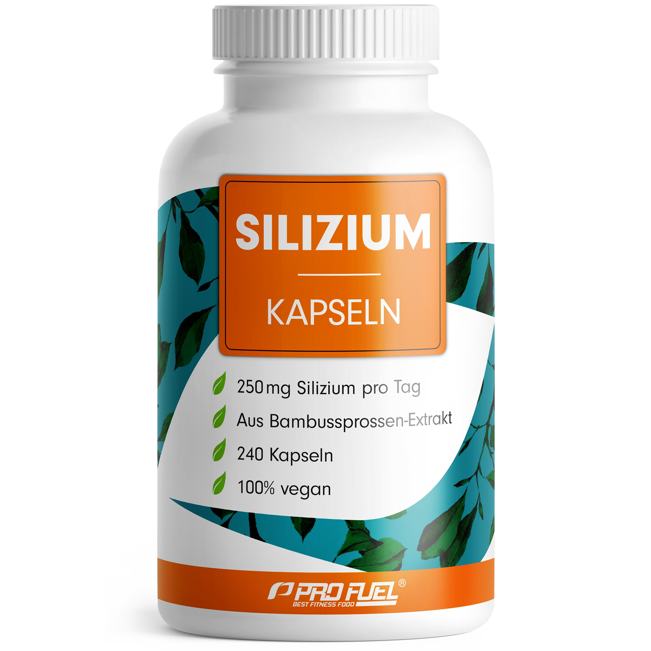 Weiße Flasche Silizium Kapseln. Orangefarbenes Etikett mit Produktinformationen. 240 Kapseln, 250 mg Silizium pro Tag. Vegan.