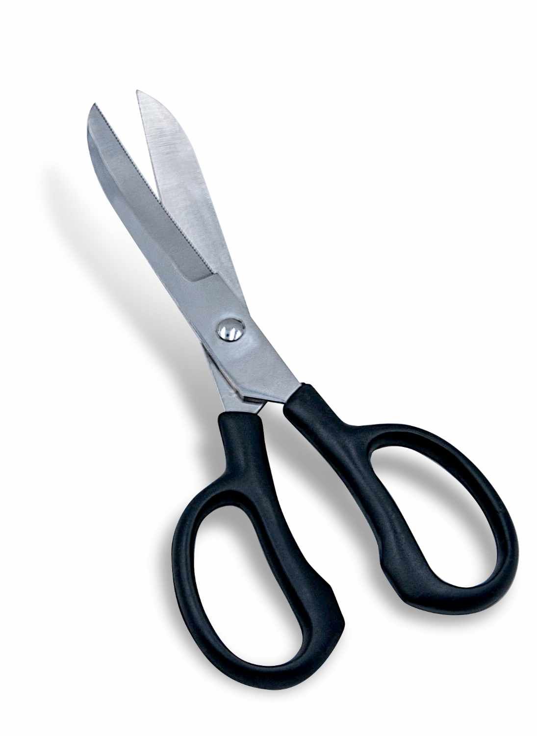 Fesselschere mit schwarzen Griffen und silberner Klinge. Auf weißem Hintergrund.