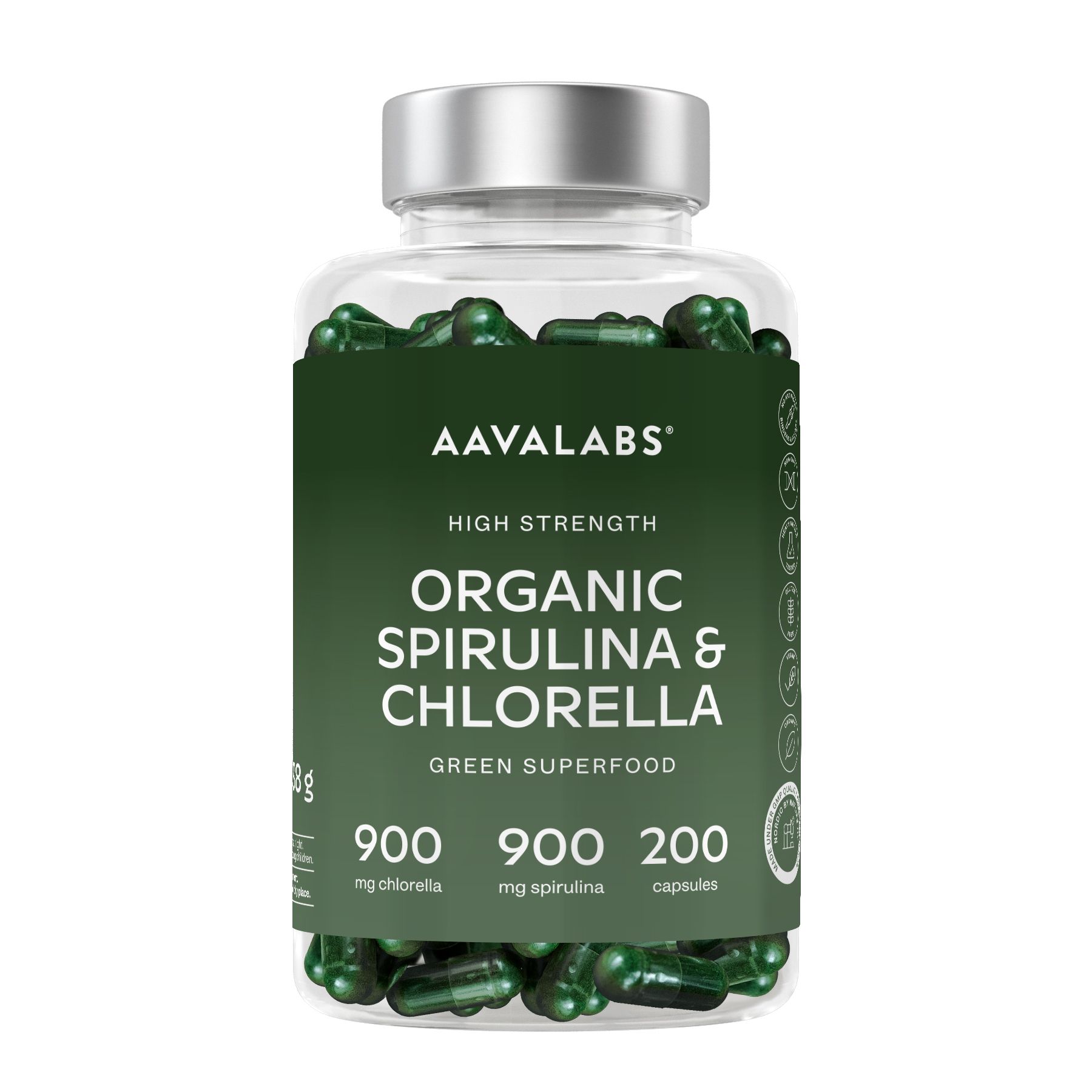 Grüne Kapseln in einer transparenten Flasche. Aufschrift: AAVALABS, Organic Spirulina & Chlorella. 200 Kapseln.