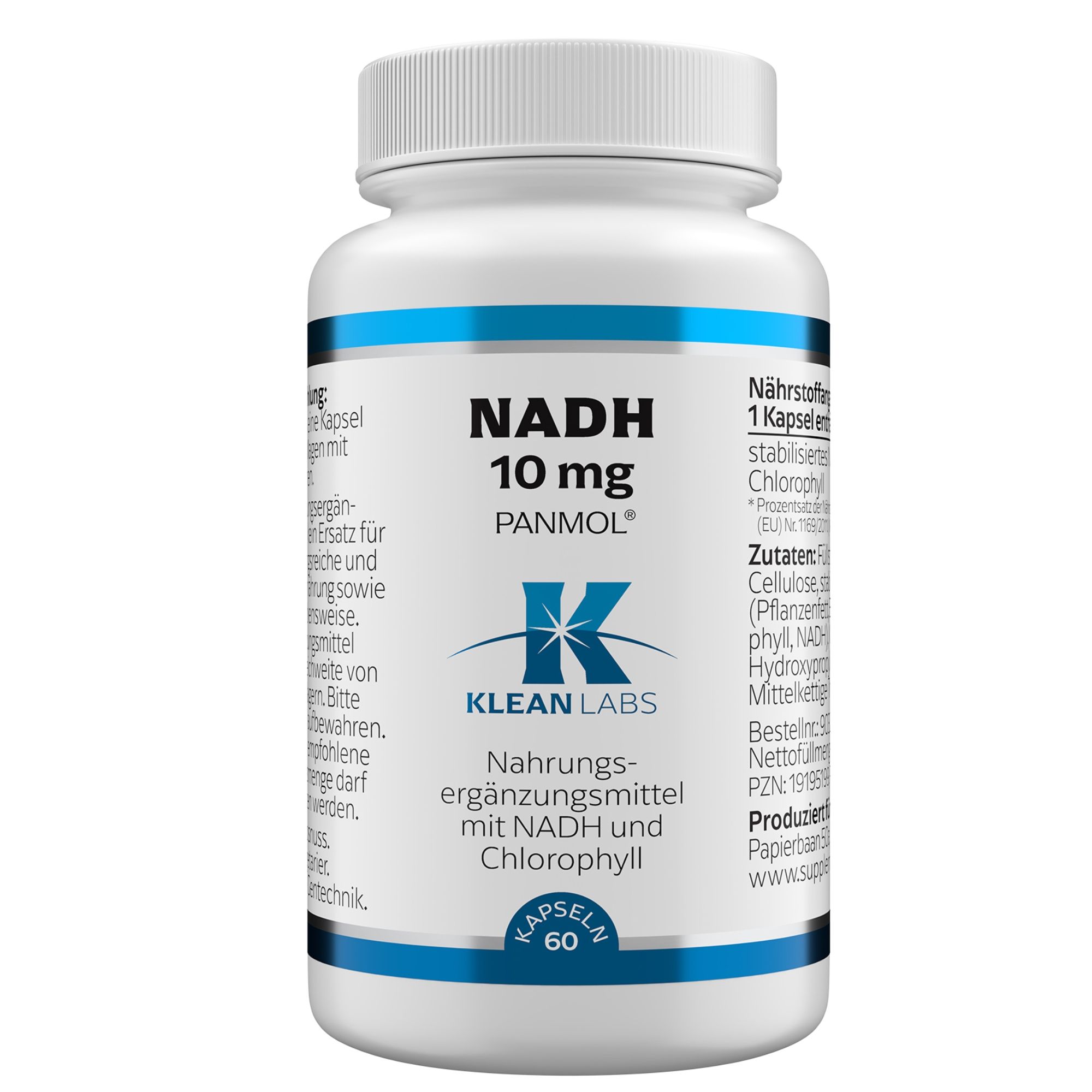 Weiße Flasche mit blauer Beschriftung. Enthält NADH 10 mg PANMOL. 60 Kapseln. Klean Labs Logo.