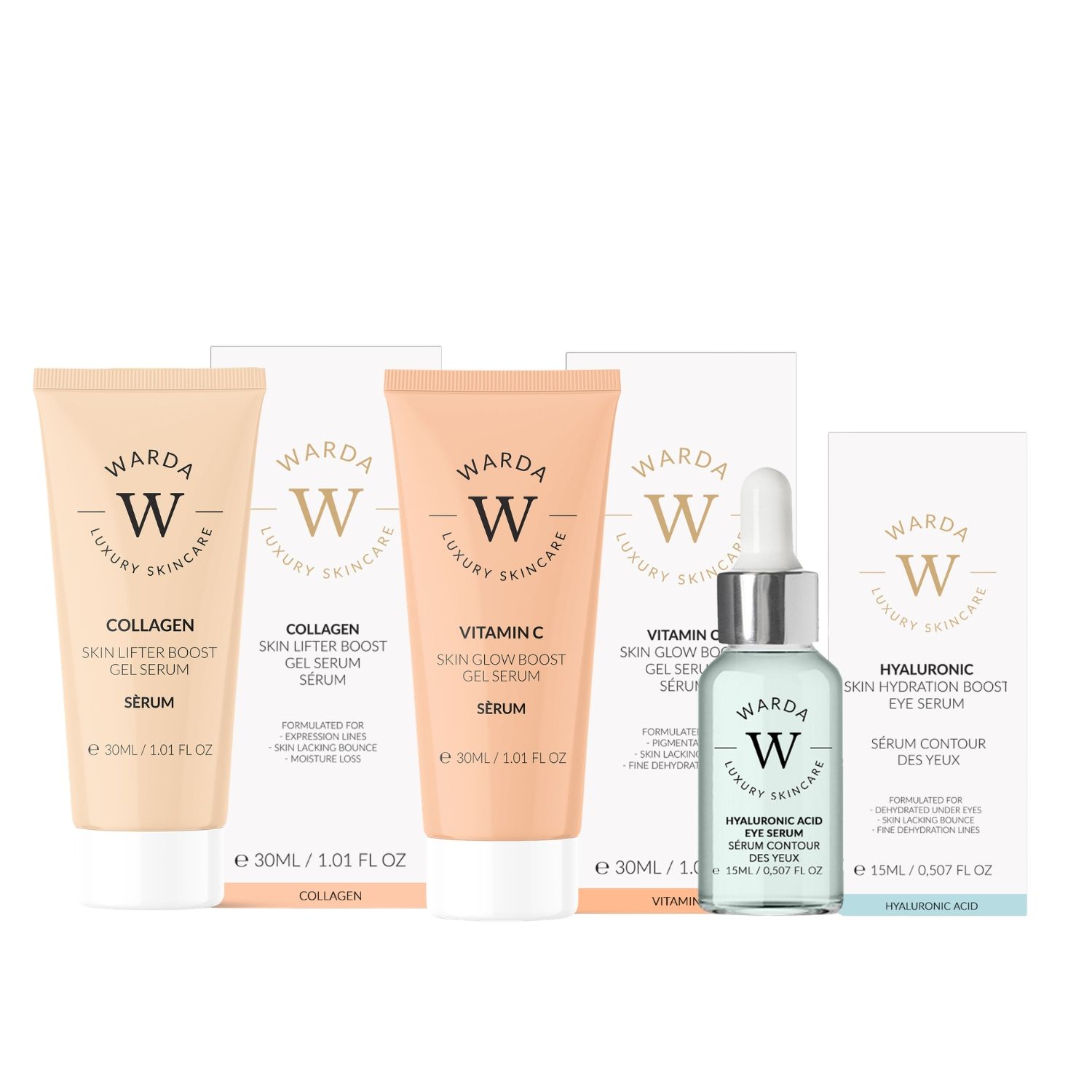 Warda Luxury Skincare Set. Vier Produkte: zwei Tuben, zwei Flaschen. Collagen, Vitamin C, Hyaluronsäure. Weiße Verpackung mit Logo.