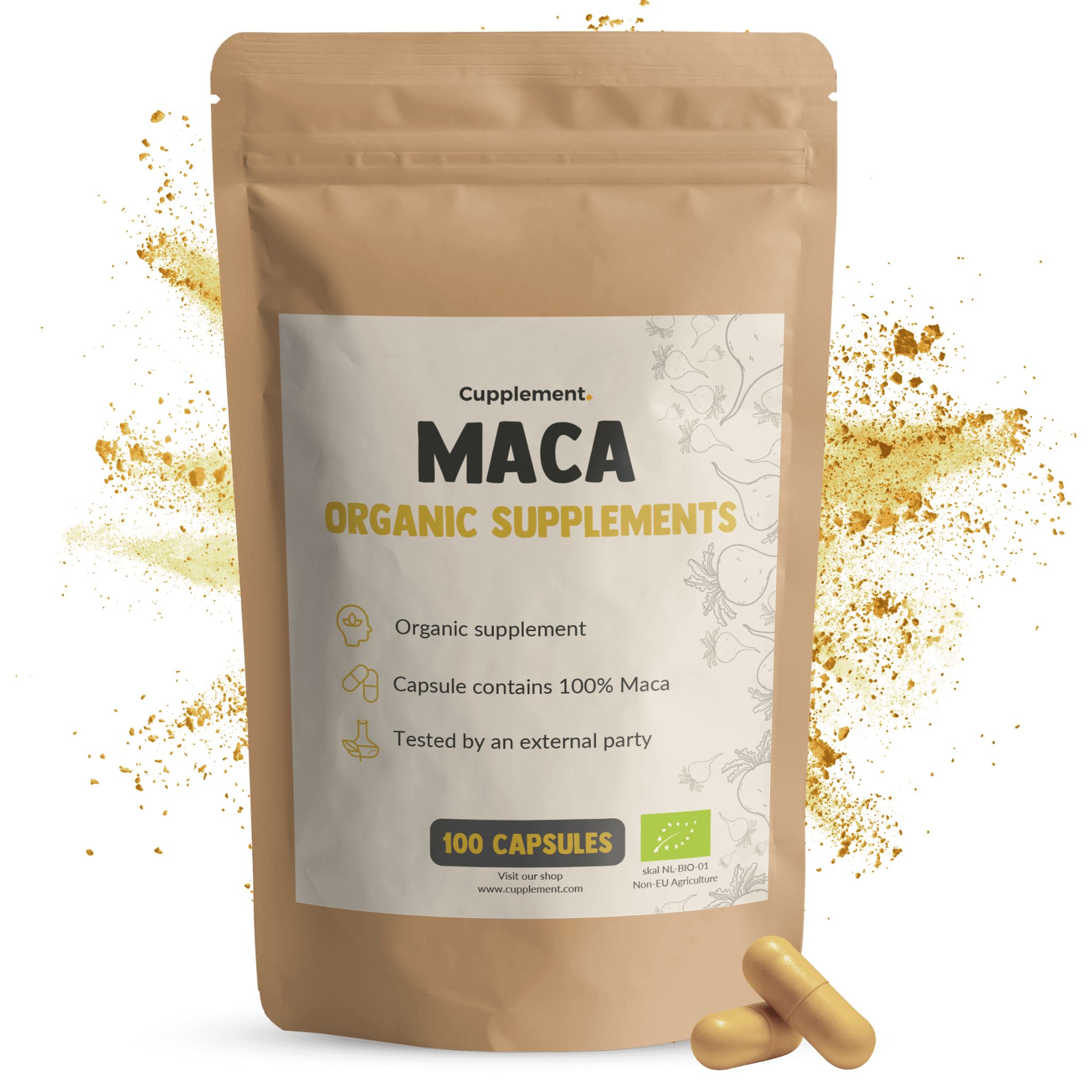 Braune Tüte mit Aufschrift Maca Organic Supplements. 100 Kapseln. Gelbe Kapseln liegen daneben. Bio-Zertifizierung.