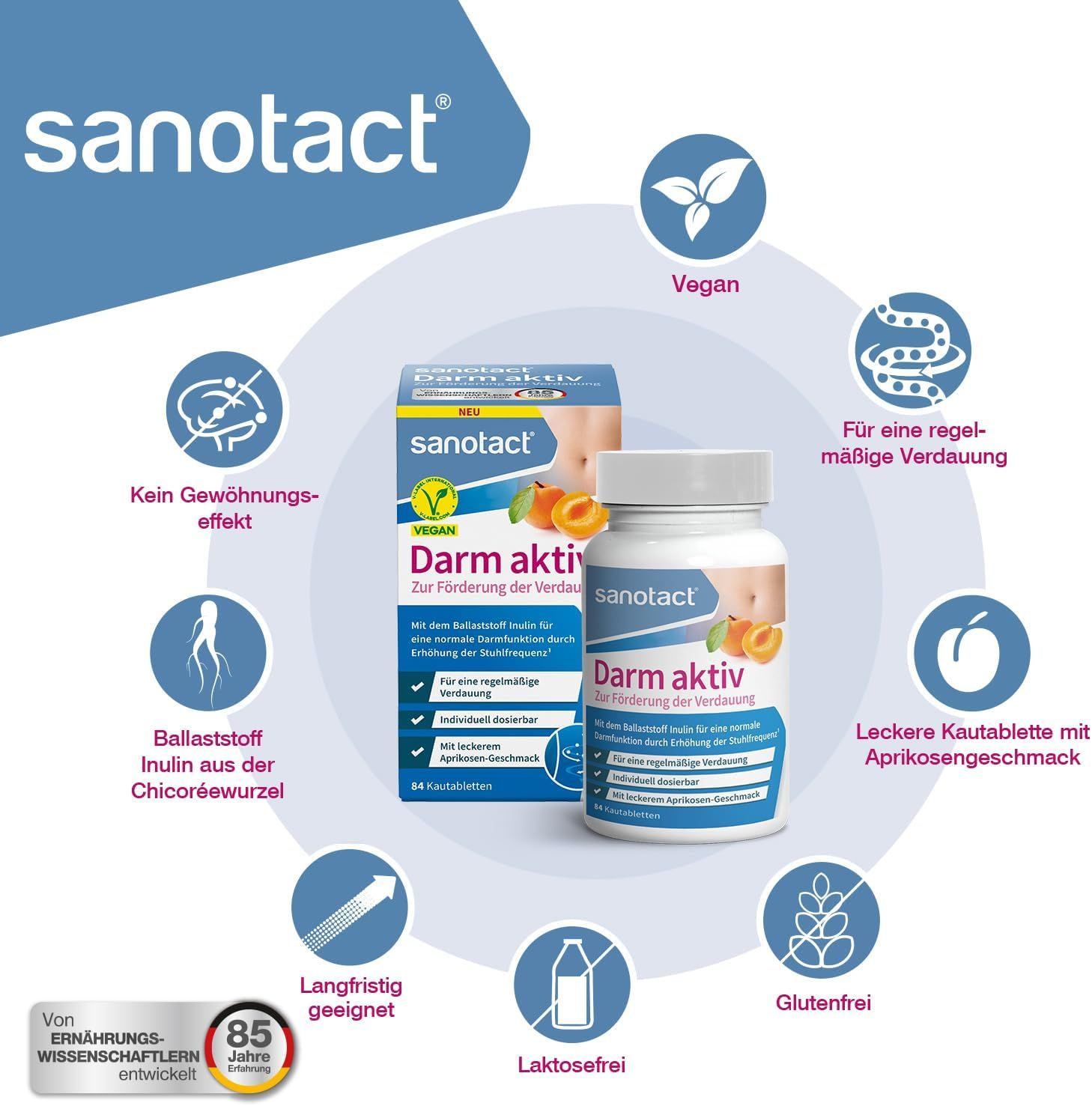 Sanotact Darm aktiv-Packung und Tablettenflasche. Vegan-Siegel, Darm aktiv, 84 Kautabletten, Illustrationen.