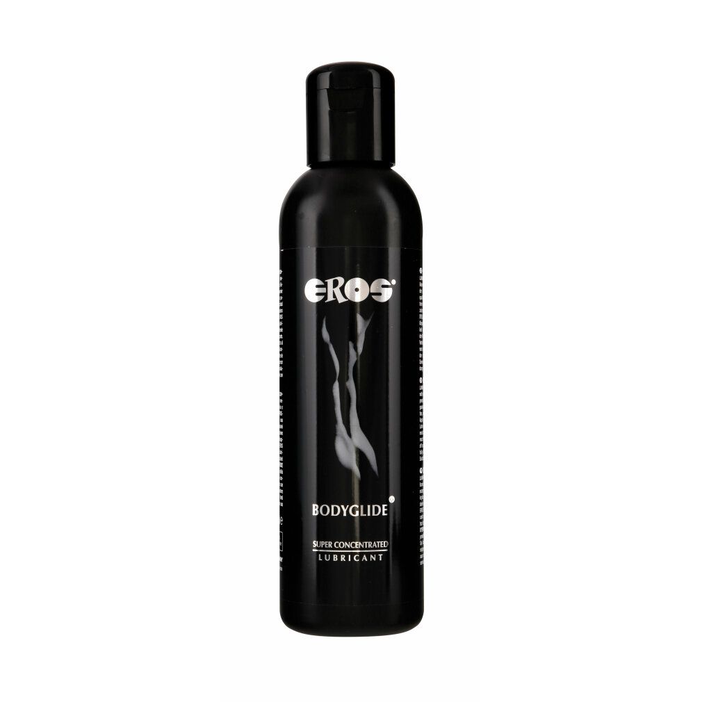 Schwarze Flasche mit schwarzem Deckel. Aufschrift "EROS BODYGLIDE". Enthält "SUPER CONCENTRATED LUBRICANT".