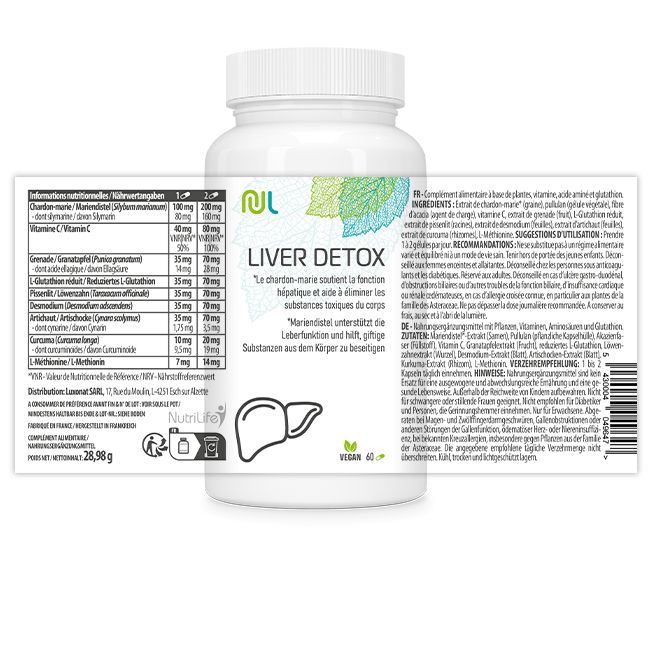 Weiße Flasche "LIVER DETOX". Aufkleber mit Nährwertangaben und Inhaltsstoffen. Vegan-Siegel. 60 Kapseln. Text in Deutsch und Französisch.