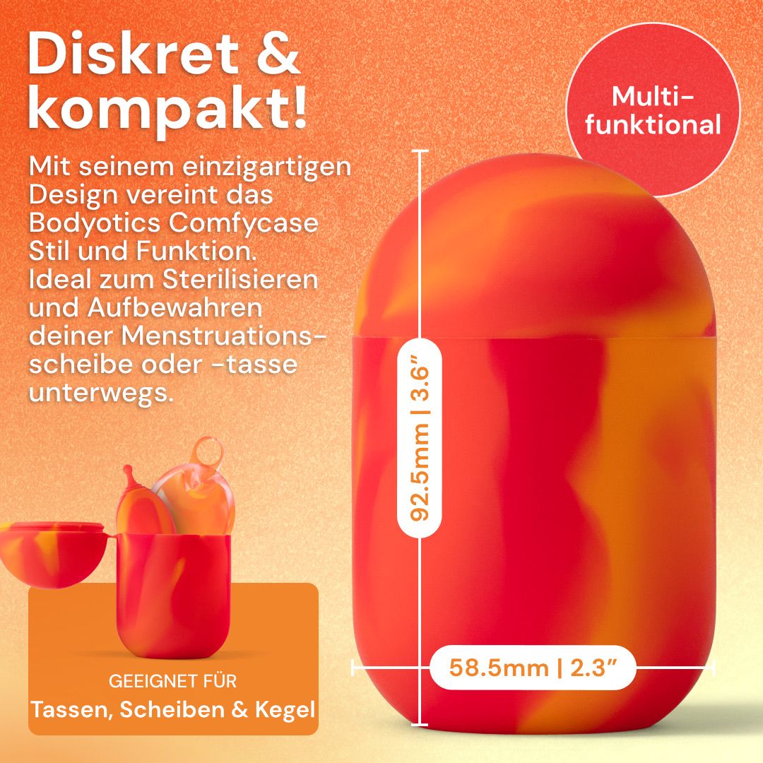 Roter und oranger Sterilisationsbehälter für Menstruationstassen und -scheiben, mit Spritzwasser-Effekt.