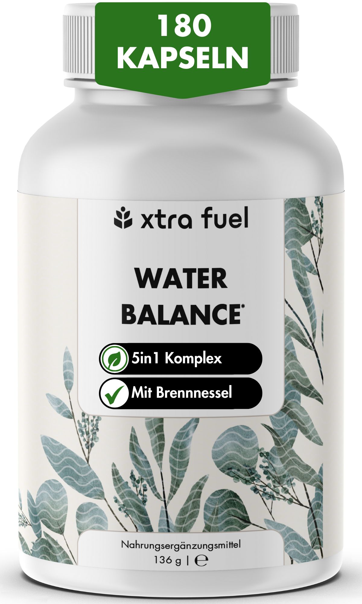 Weiße Flasche mit Kapseln. Aufschrift: XTRA FUEL WATER BALANCE, 5in1 Komplex, Mit Brennnessel. 180 Kapseln.