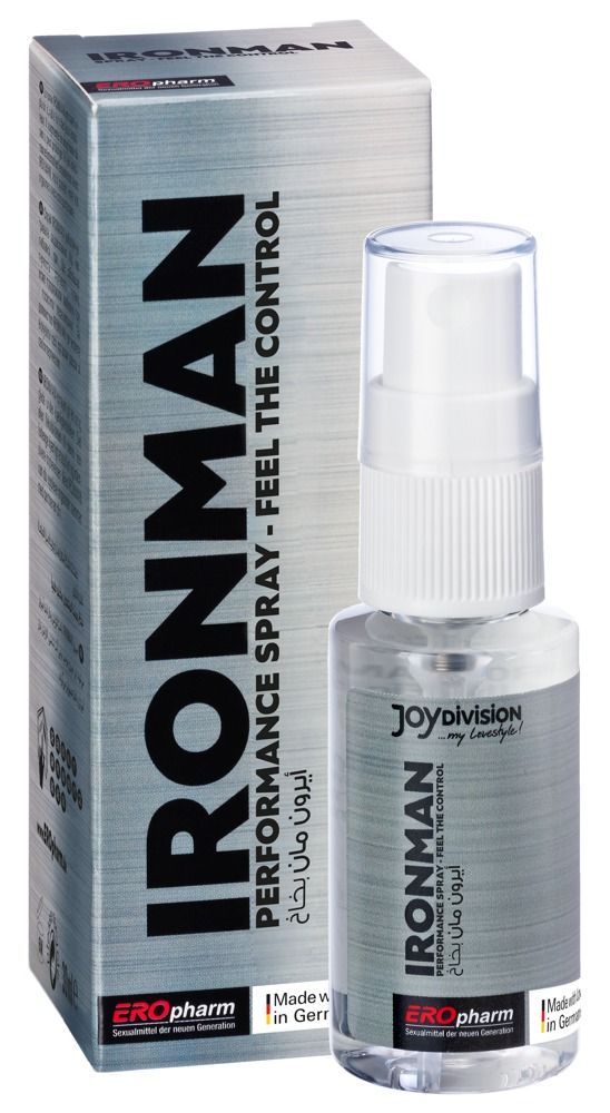 Produkt mit Verpackung. Flasche und Schachtel. Aufschrift "IRONMAN PERFORMANCE SPRAY - FEEL THE CONTROL" in Deutsch und Arabisch. Marke Joydivision.