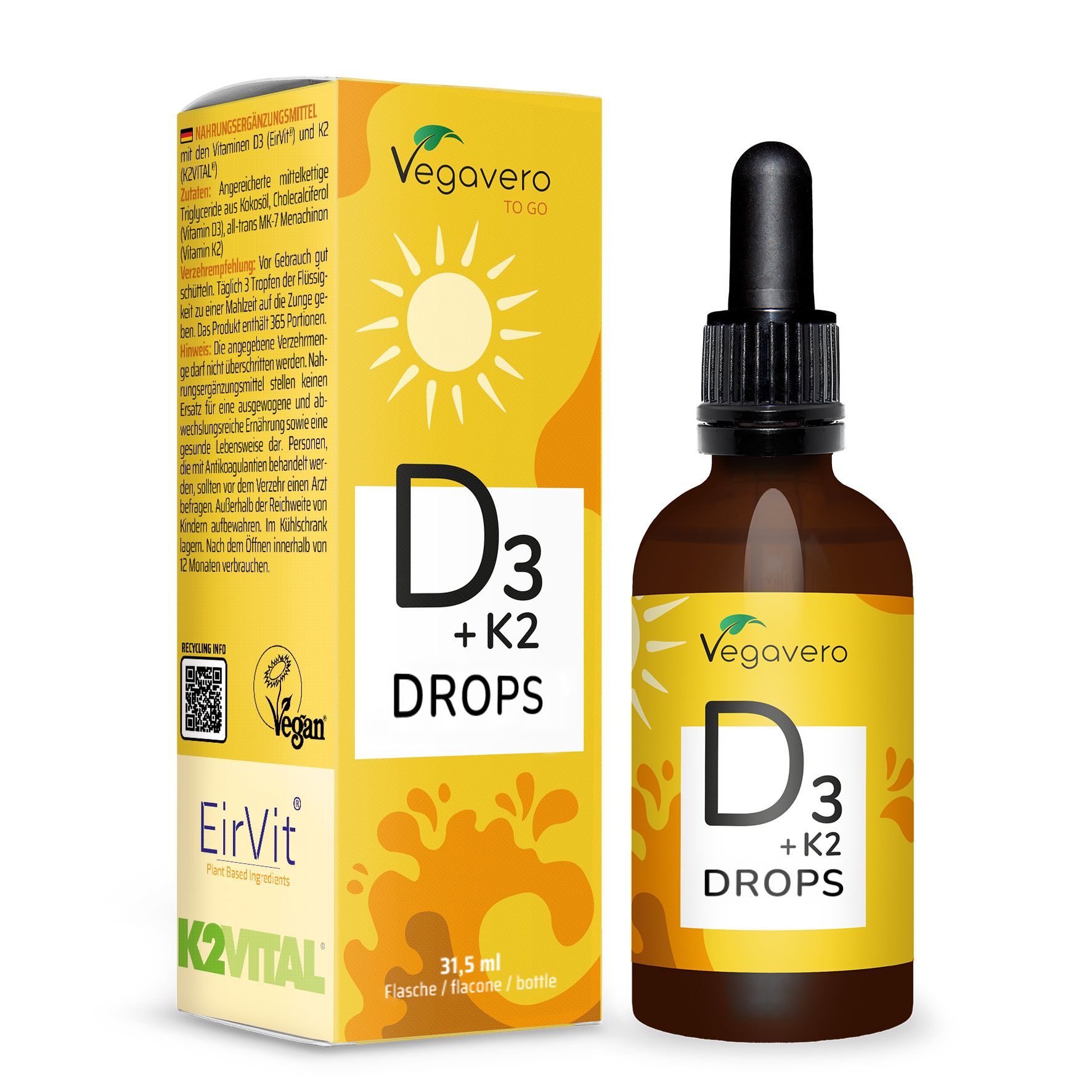 Flasche mit Pipette und Umverpackung für Vegavvero Vitamin D3+K2 Tropfen.