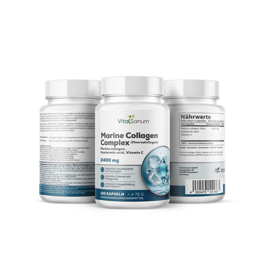 Drei weiße Pillenbehälter mit 'VitaSanum Marine Collagen Complex'. 120 Kapseln. Mit Vitamin C. Produktinformationen.
