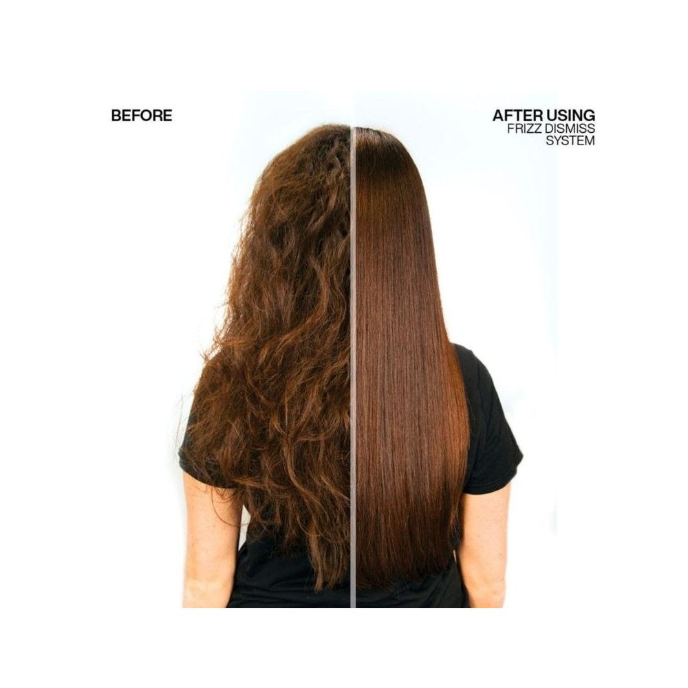 Vorher/Nachher-Vergleich. Links: Frizziges Haar. Rechts: Glattes Haar. Text: Nach Anwendung Frizz Dismiss System.