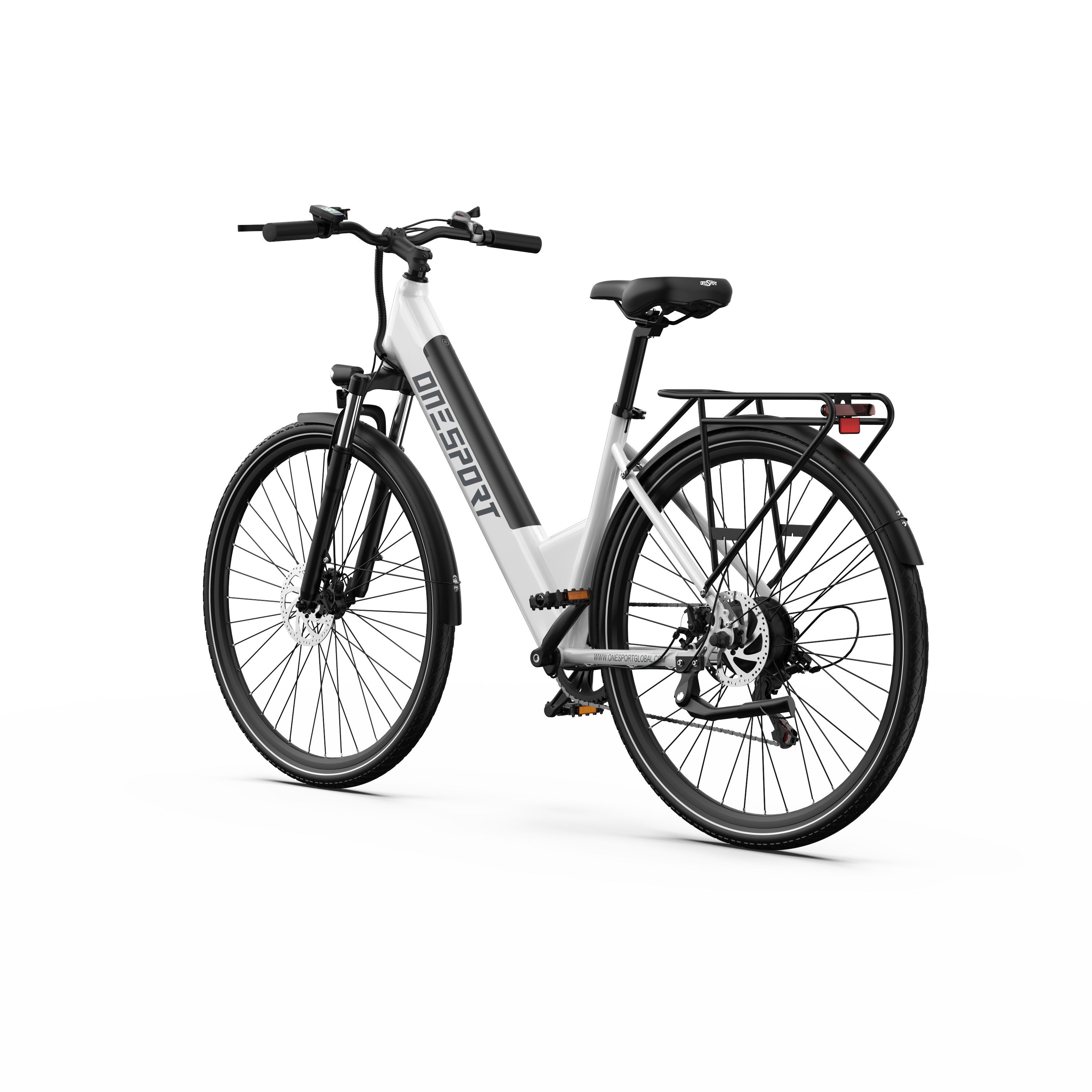 Weißes Elektrofahrrad mit schwarzen Elementen. ONE SPORT-Logo am Rahmen. Rückansicht.