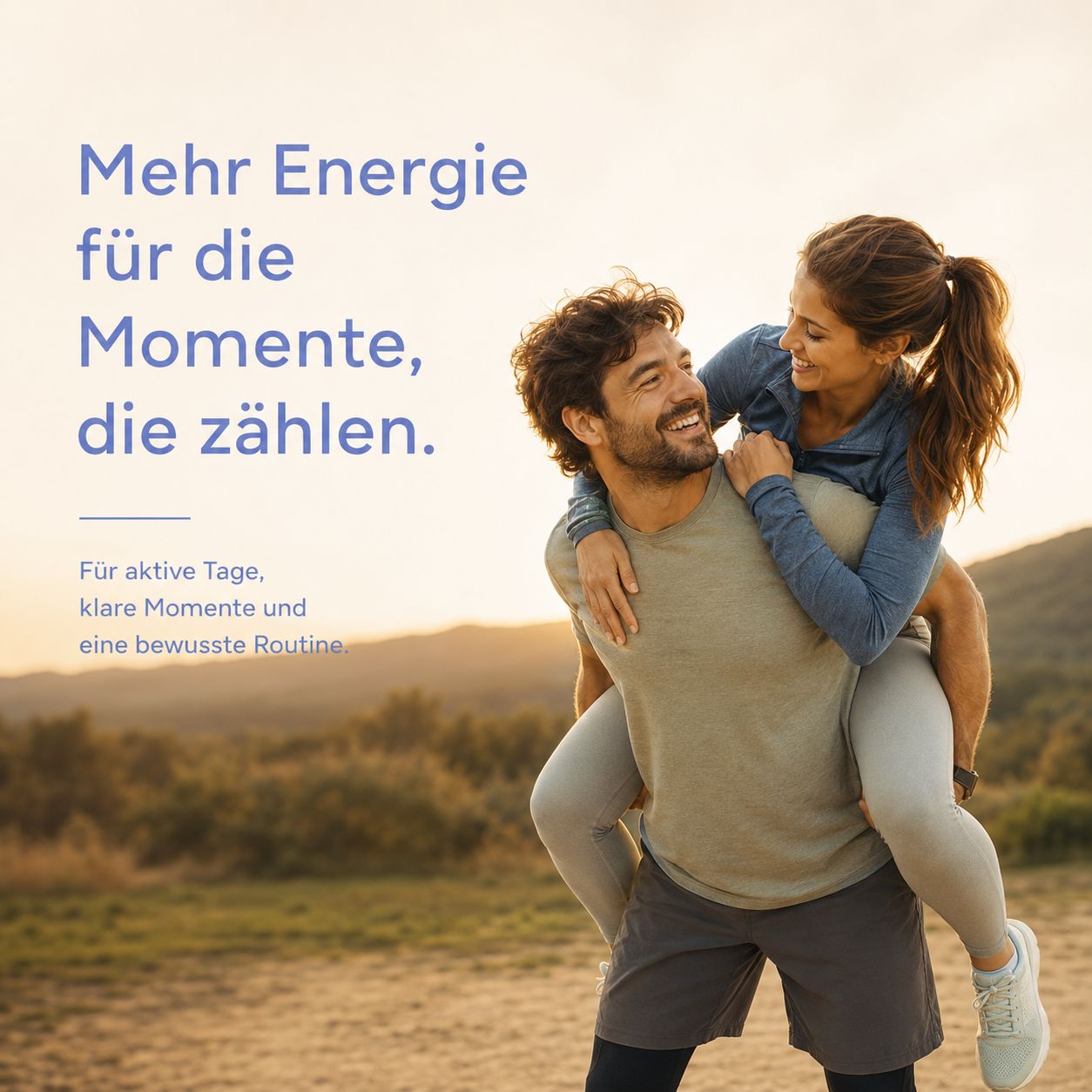 Mann trägt Frau auf dem Rücken in einer Landschaft bei Sonnenuntergang. Text: Mehr Energie für die Momente, die zählen.