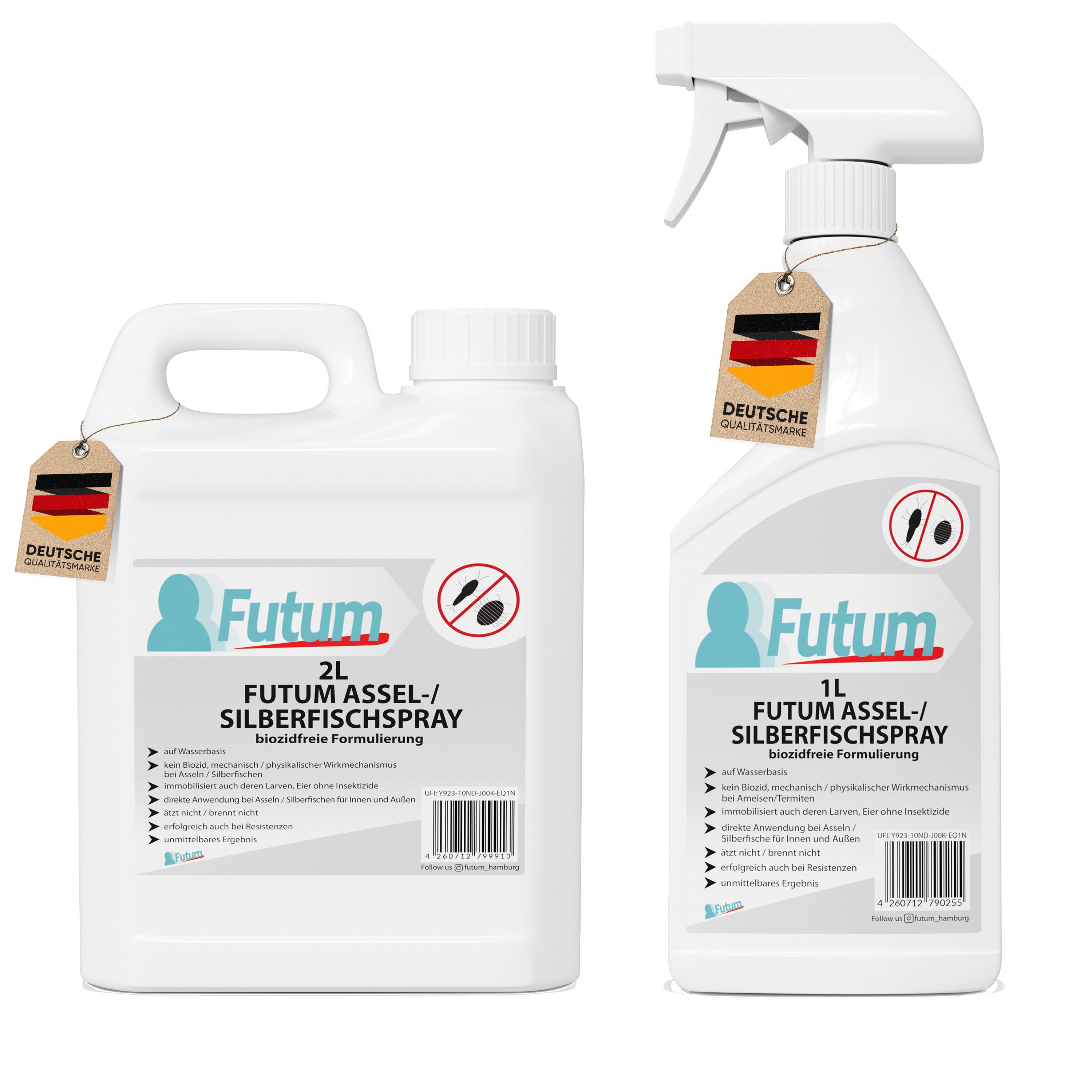 Zwei weiße Flaschen. Eine 2L-Flasche und eine 1L-Sprühflasche. Beide mit Etiketten und dem Produktnamen FUTUM 2L + 1L Silberfisch- / Asselspray. Deutsche Flagge.