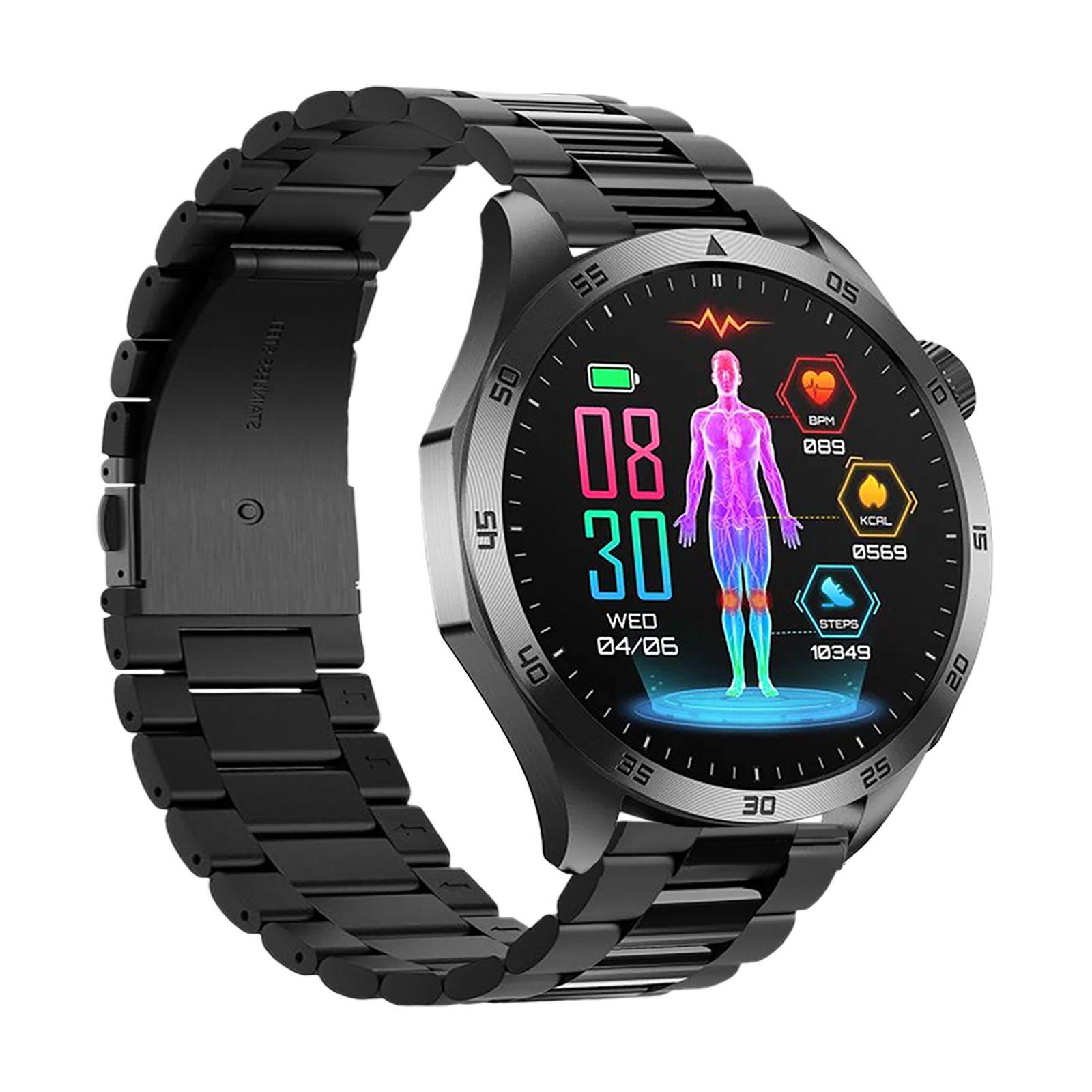 Smartwatch mit schwarzem Metallarmband. Rundes Display mit Gesundheitsdaten: Herzfrequenz, Kalorien, Schritte. Anzeige von Datum und Uhrzeit.