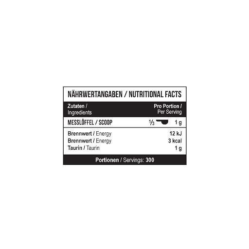 Schwarzes Rechteck mit Nährwertangaben. Pro Portion: 1g Taurin, 12 kJ Energie. 300 Portionen.