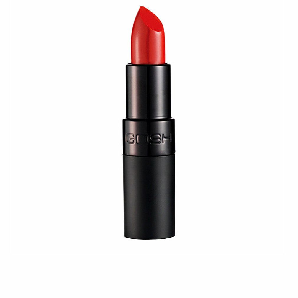 Roter Lippenstift in schwarzer Hülle. Marke GOSH. Aufschrift GOSH.