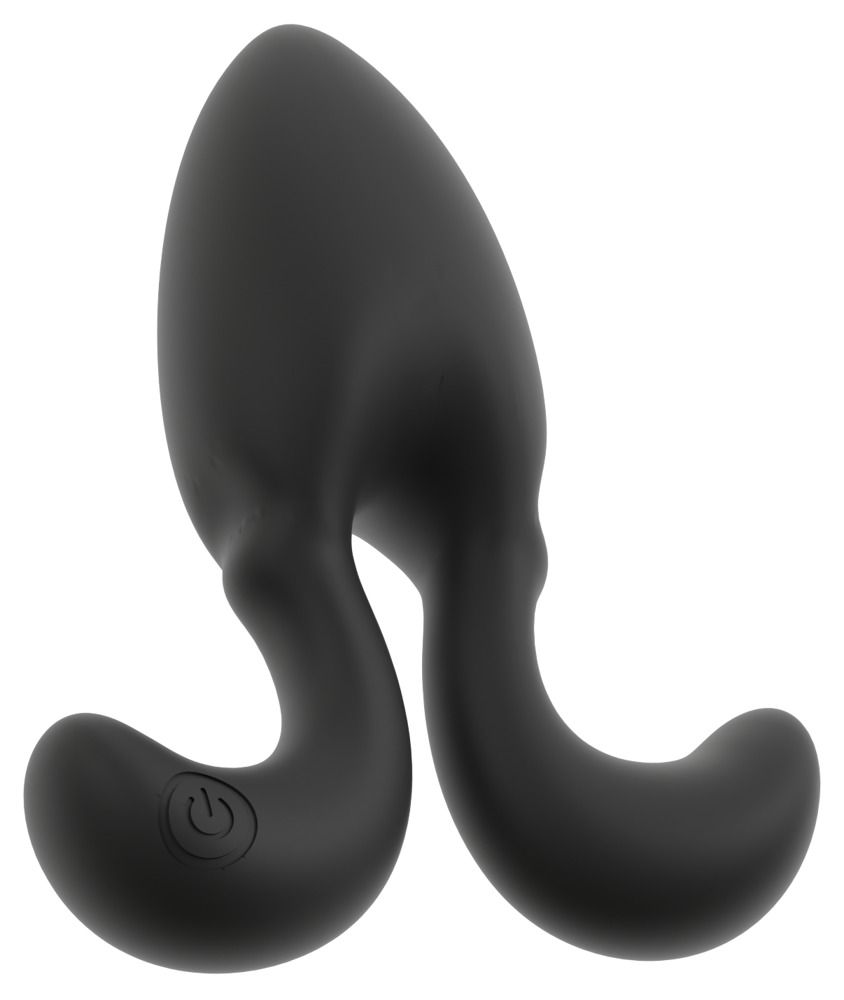 Schwarzer Analplug mit flexiblen Armen, isoliert. Zeigt das Power-Symbol auf einem Arm.