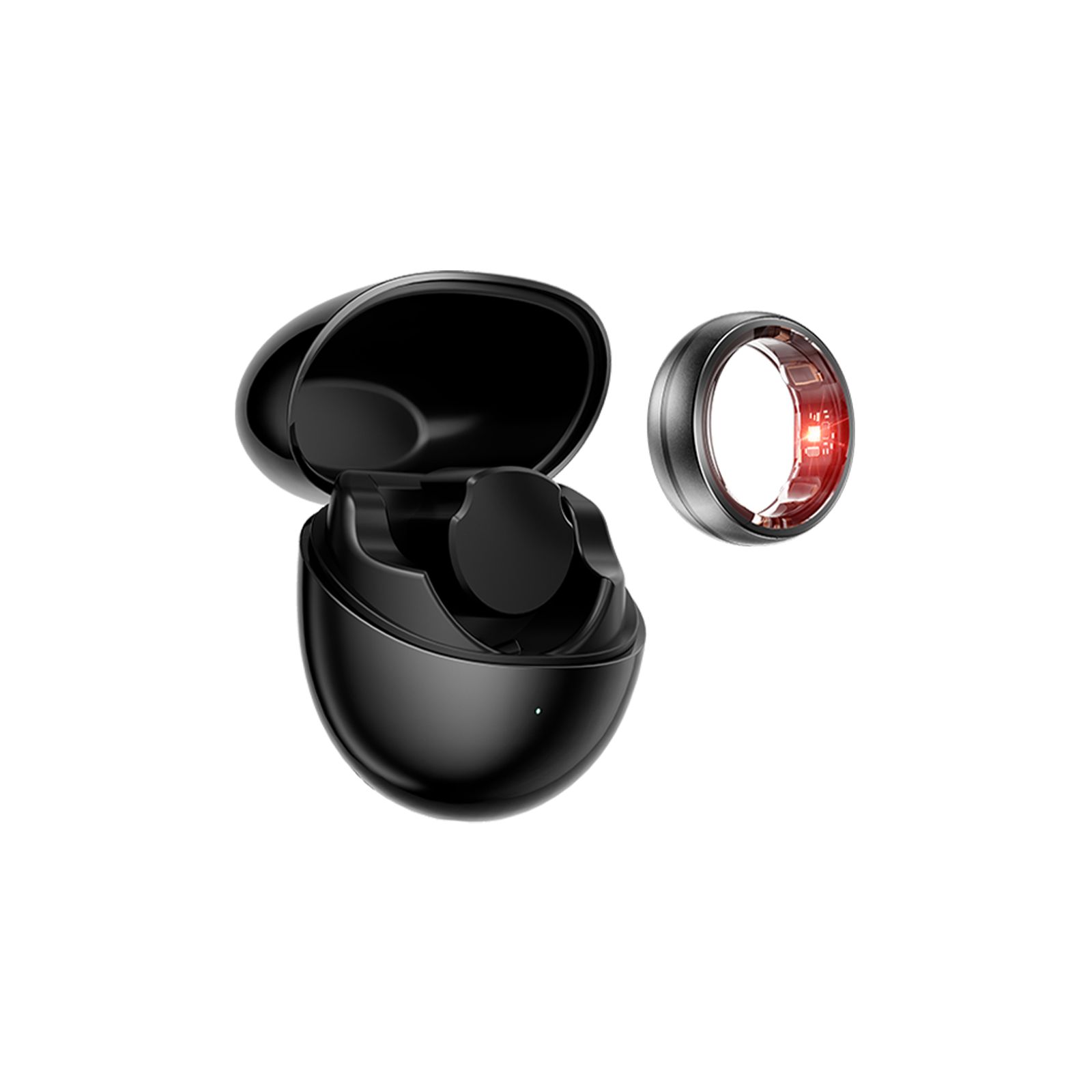 Schwarze Ladeschale mit offenem Deckel und Ring. Der Ring ist silberfarben mit rotem Licht im Inneren.