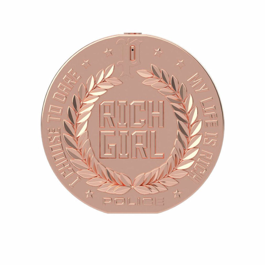 Runder, roségoldfarbener Flakon. Aufschrift "RICH GIRL" in Lorbeerkranz. Umrandet von "I CHOOSE TO DARE" und "MY LIFE IS RICH". Marke: POLICE.