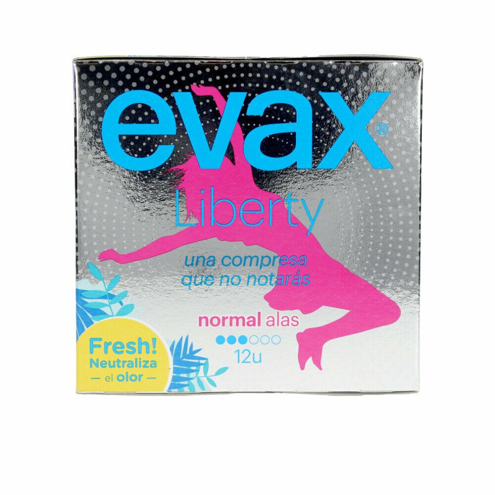 Verpackung von Damenbinden. Marke Evax Liberty, Schriftzug und pinke Silhouette einer Frau. 12 Stück, normal, mit Flügeln.