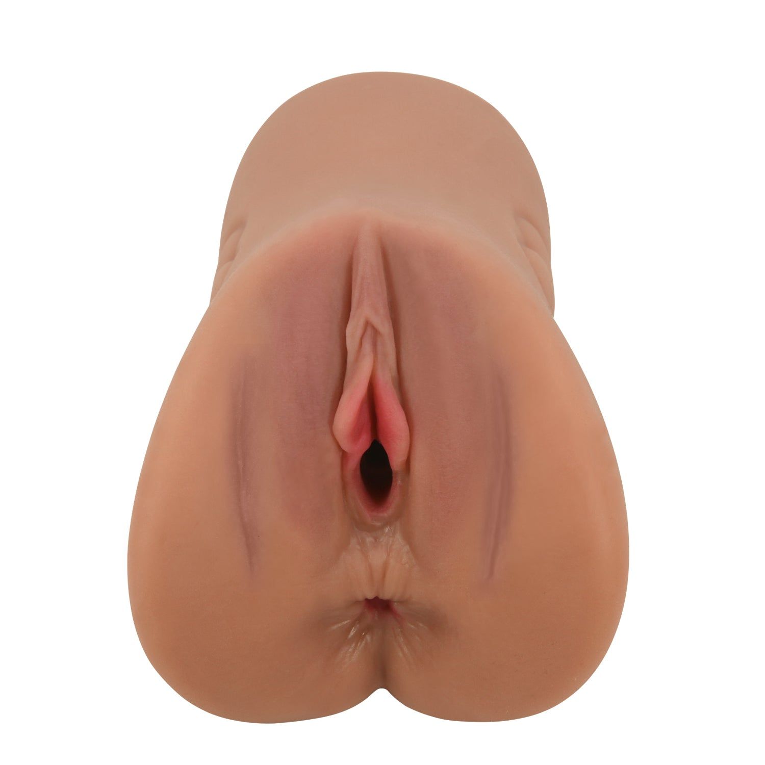 Masturbationsgerät, Ansicht der vaginalen Öffnung. Fleischfarben. Rosa farbener Bereich. Gerippte Innenseite.