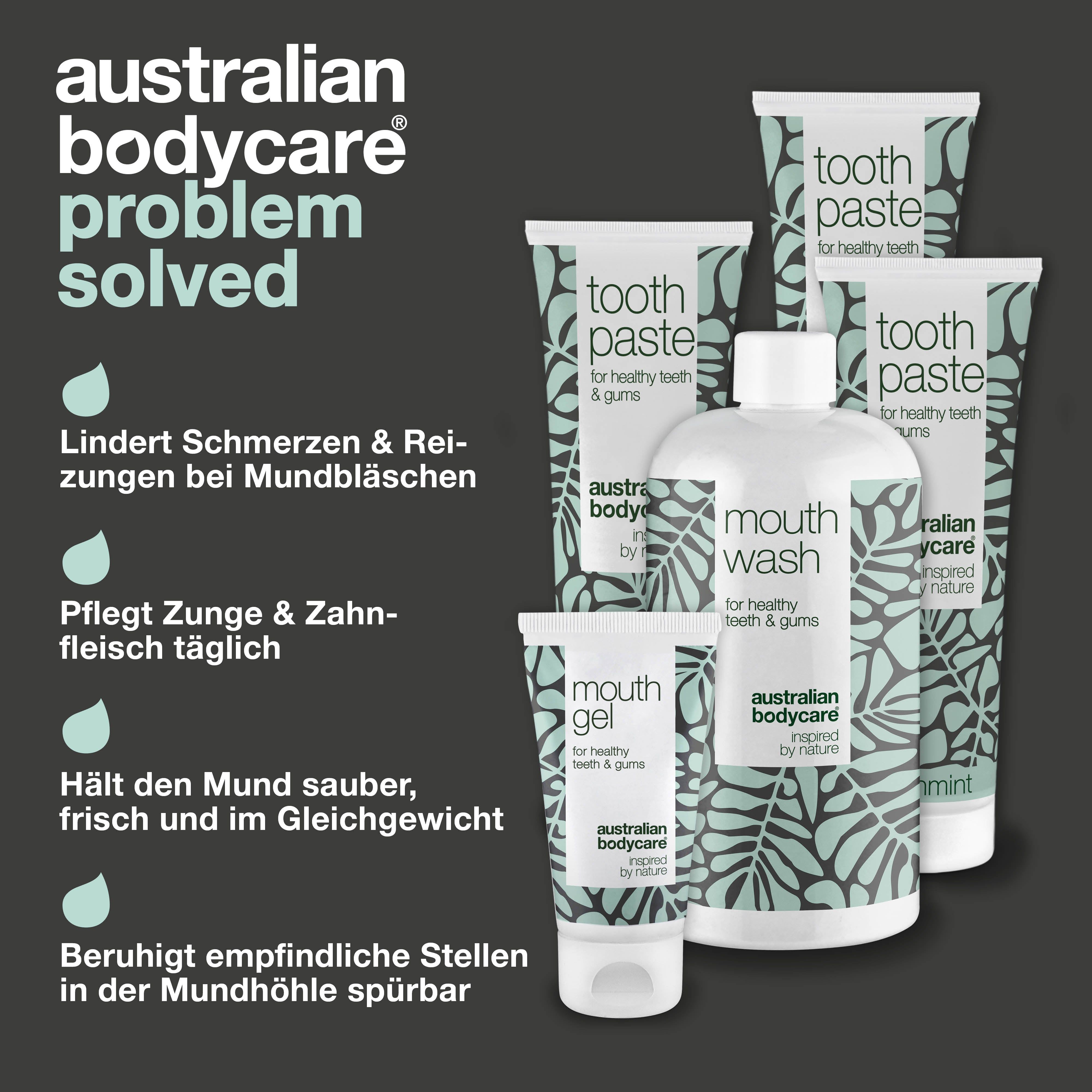 Produkt-Set mit Zahnpasta, Mundwasser und Mundgel. Text: Australian Bodycare. Problem gelöst.