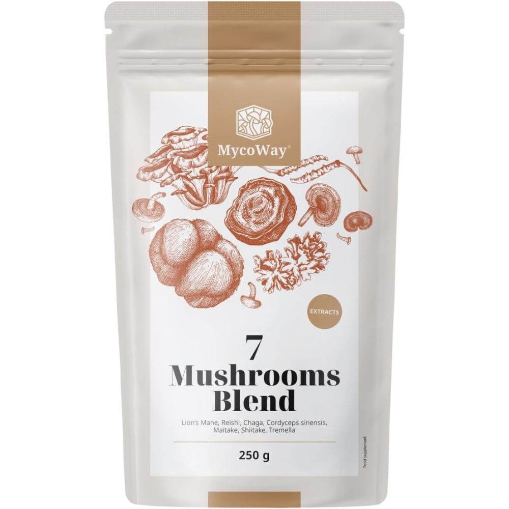 Beutel mit Pilzextrakten. Aufdruck: 7 Mushrooms Blend, 250 g. Illustrationen von Pilzen.