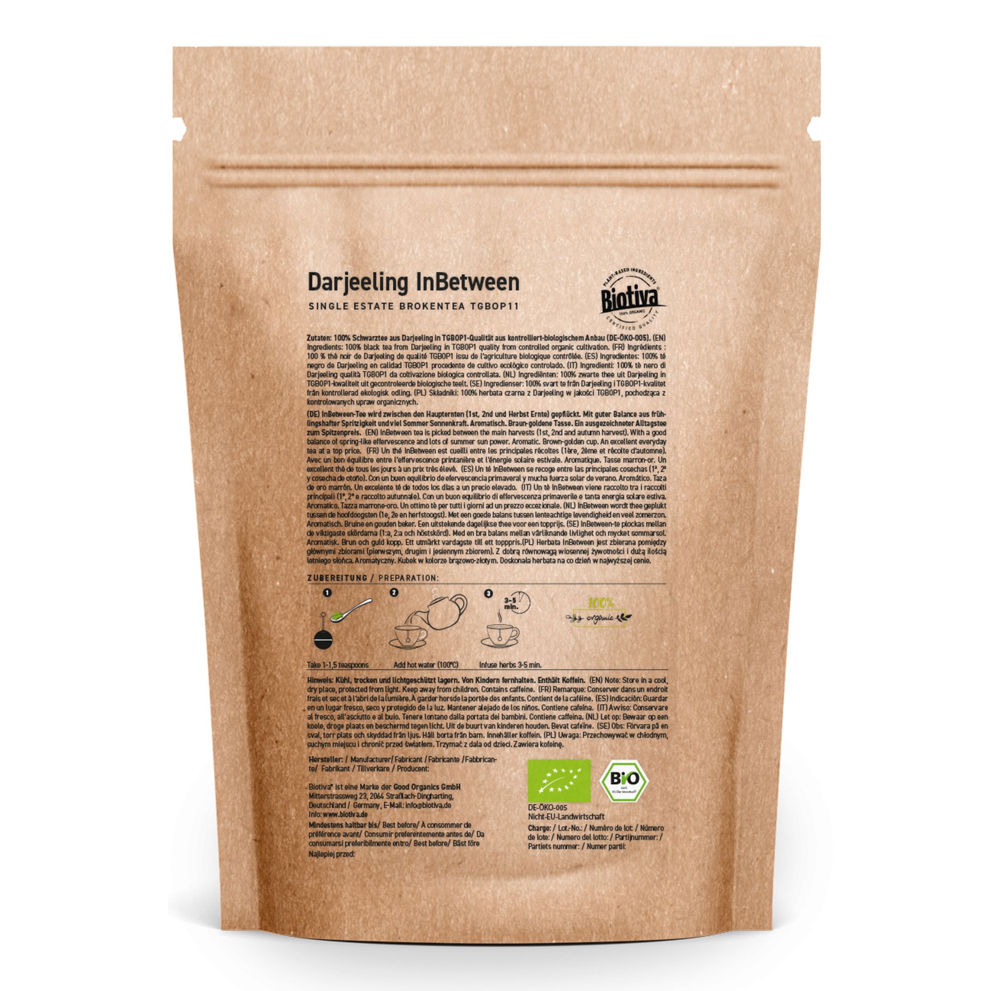 Rückseite des Biotiva Darjeeling InBetween Schwarztee Bio Beutels. Text und Bio-Siegel.
