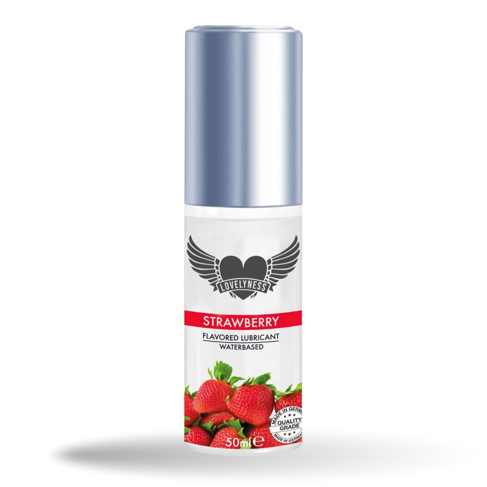 Gleitgel-Flasche mit Erdbeer-Motiv. Aufschrift: Strawberry, Flavored Lubricant, Waterbased.