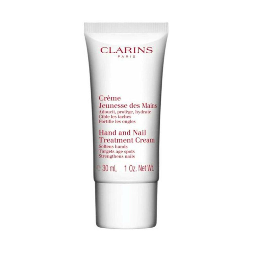 Weiße Tube Clarins Hand & Nail Treatment Cream. Roter Schriftzug: Crème Jeunesse des Mains, Hand and Nail Treatment Cream, 30 ml.