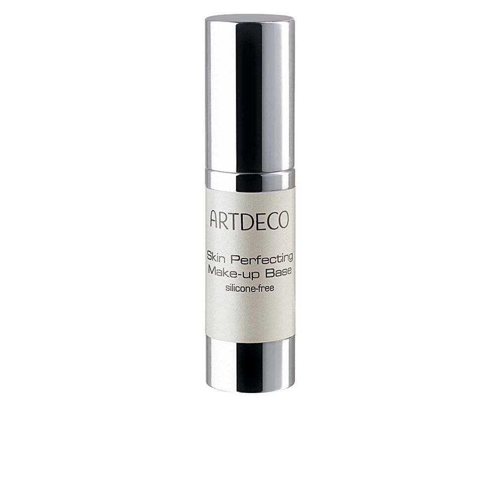 Zylindrische Flasche mit silbernem Deckel. Aufschrift: ARTDECO Skin Perfecting Make-up Base, silikonfrei.