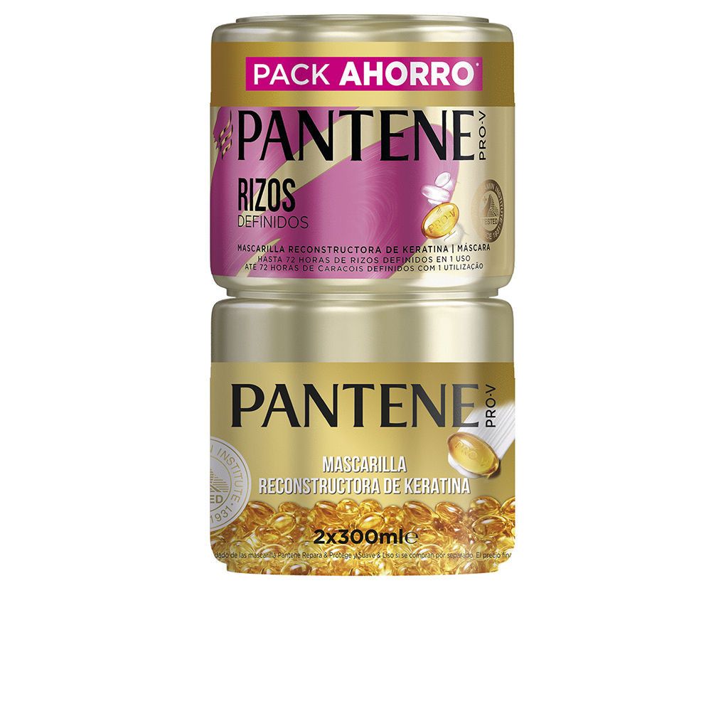 Zwei goldfarbene Tiegel, übereinander gestapelt. Aufschrift: PANTENE PRO-V, RIZOS DEFINIDOS, Mascarilla Reconstructora de Keratina. 2x300ml.