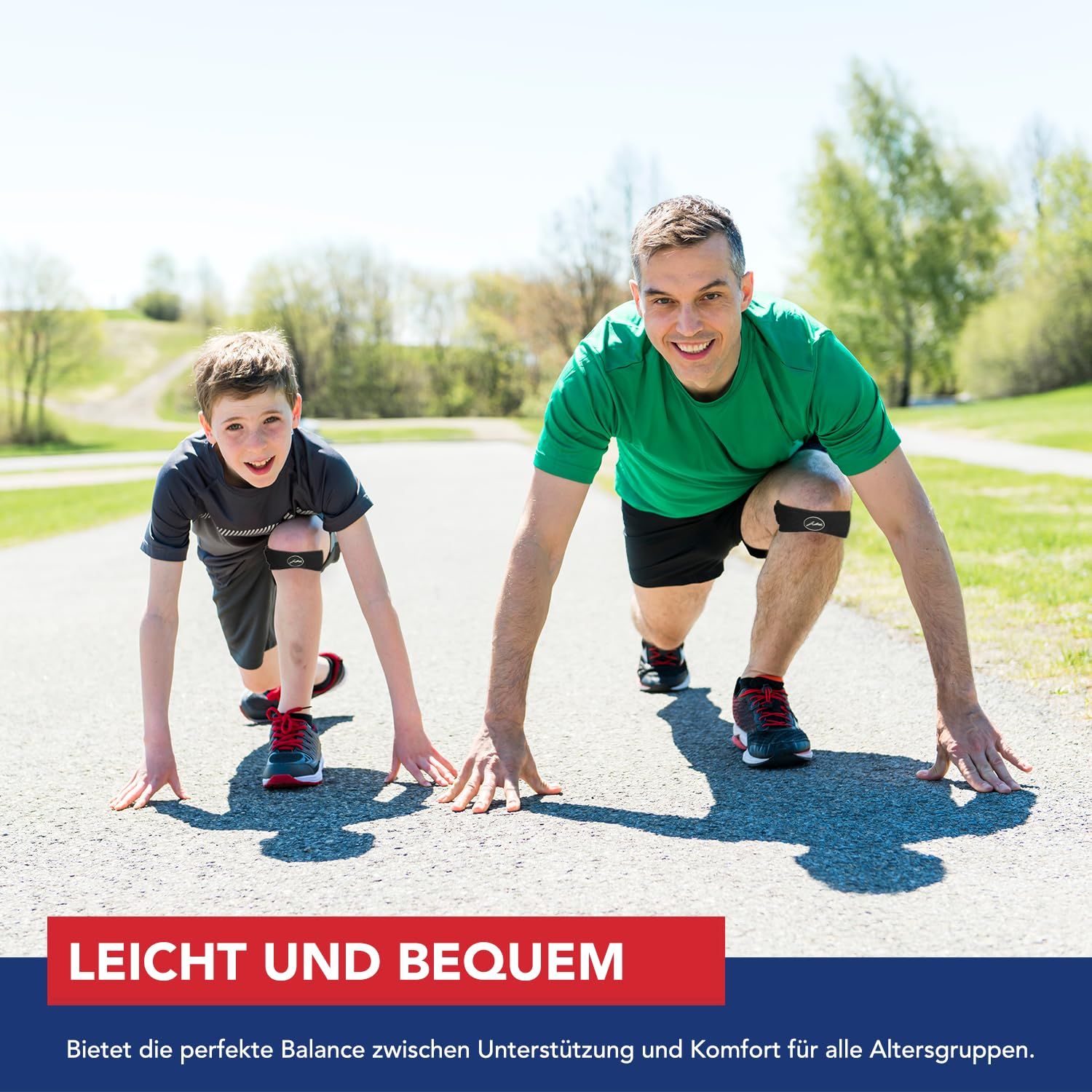 Mann und Junge starten ein Rennen, beide tragen Patellasehnenbandagen.