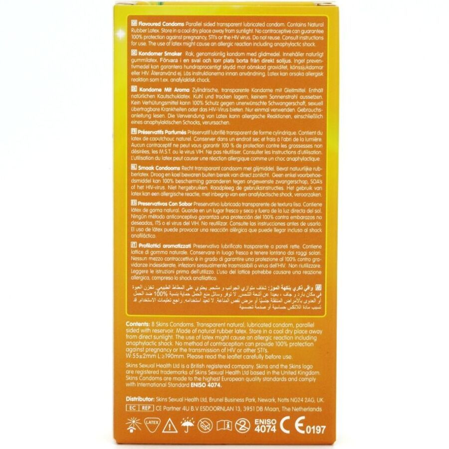 Rückseite einer gelben Kondom-Verpackung. Text in mehreren Sprachen, darunter Deutsch und Englisch. Enthält Informationen zum Produkt.