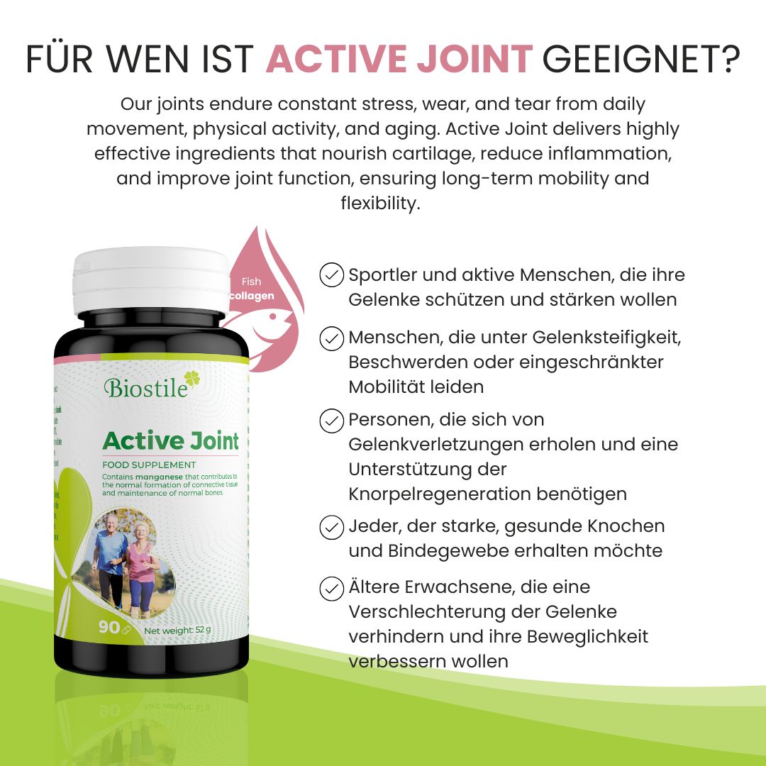 Biostile Aktives Gelenk Dose mit Zielgruppenbeschreibung: Sportler, Menschen mit Gelenksteifigkeit.