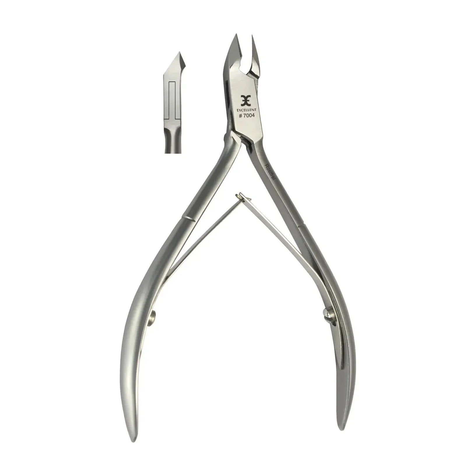 Nagelhautzange aus Metall. Schlanke Schneide, 6 mm. Zusätzliche Detailansicht der Schneide. Logo und Schriftzug.