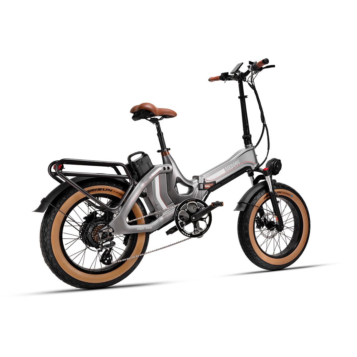 Faltbares E-Bike mit braunem Sattel und Reifen. Grauer Rahmen, schwarze Details. Gepäckträger hinten.
