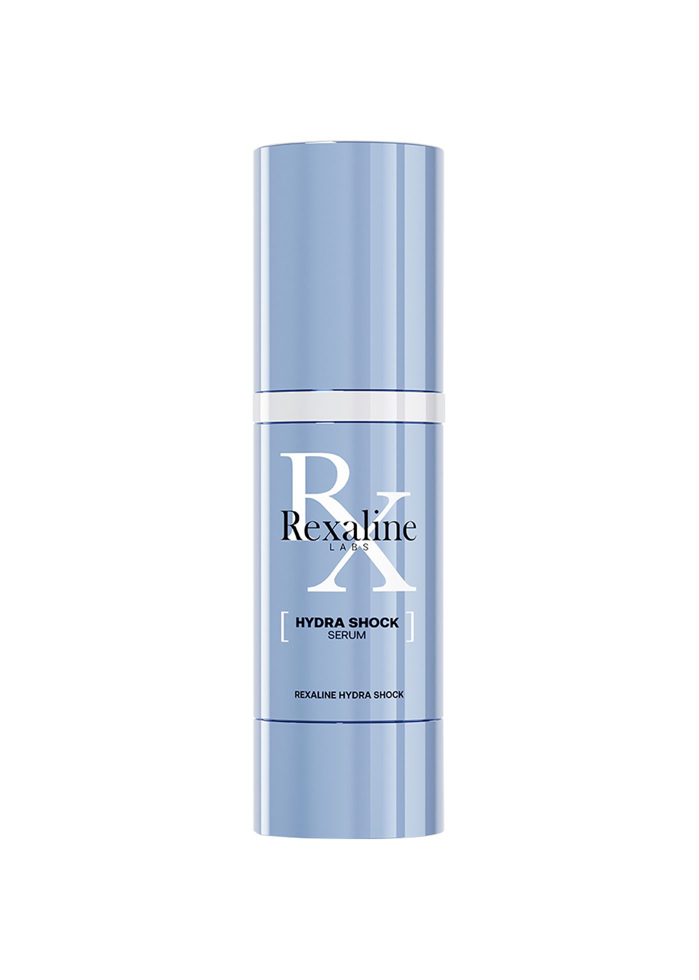 Rexaline Hydra Shock Serum in hellblauer Flasche mit silbernem Verschluss.
