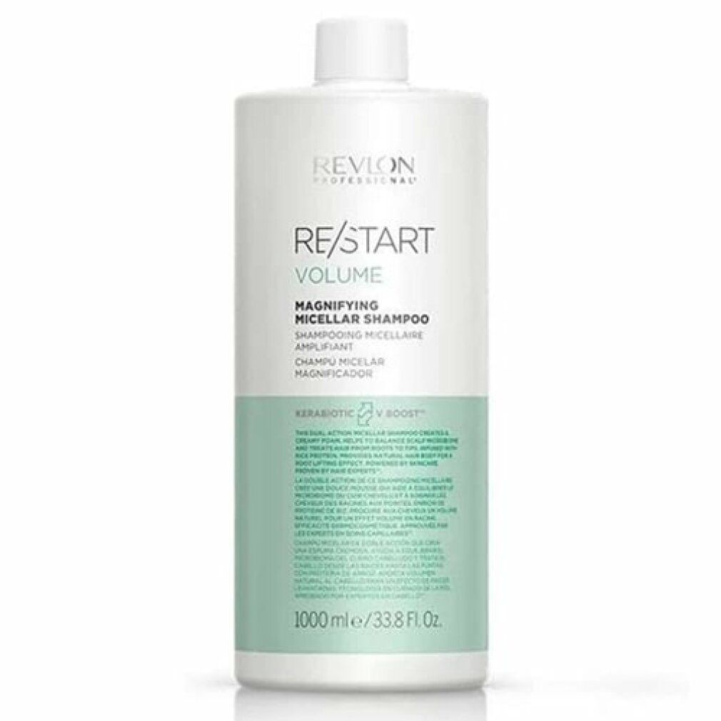 Weißes Shampoo-Behältnis mit grünem Etikett. Text: RE/START VOLUME, Magnifying Micellar Shampoo. 1000 ml.