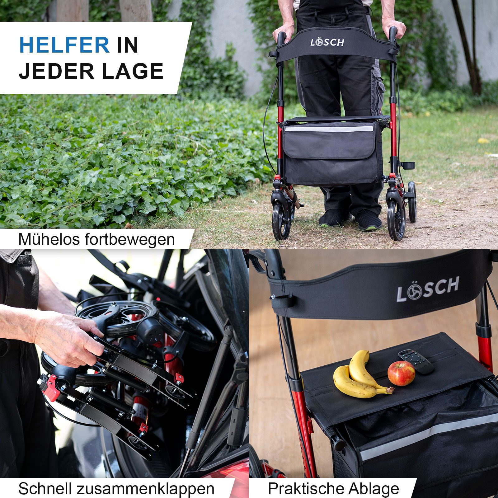 Rollator mit rotem Rahmen, schwarzem Sitz und Tasche. Person benutzt ihn. Obst auf Ablage.