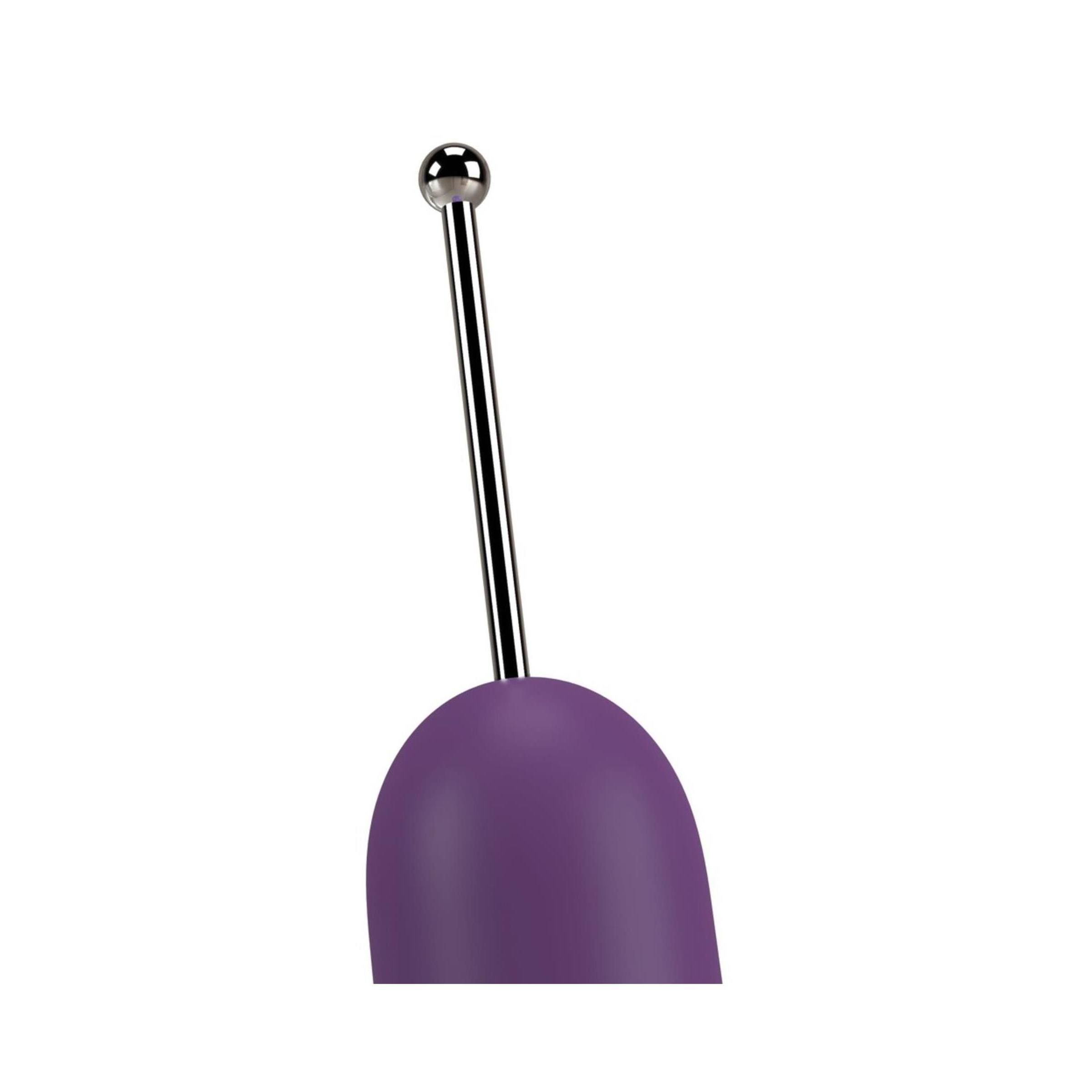 Nahaufnahme eines lila Vibrators mit silbernem Stab und Kugel. Auf weißem Hintergrund.